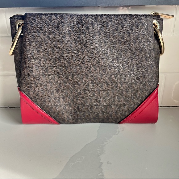 Michael Kors Nicole Large Brown Signature Logo and Merlot Leather Trim Crossbody - Picture 2 of 16
